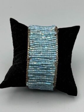Handmade Turquoise colored  Beaded Cuff Bracelet Wire Wrapped 6.75” x 1”